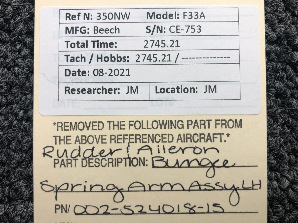 Beech 002-524018-15 Beech F33A Rudder and Aileron Bungee Spring Arm Assembly LH