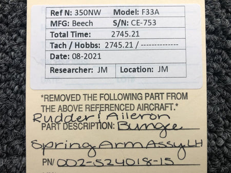 Beech 002-524018-15 Beech F33A Rudder and Aileron Bungee Spring Arm Assembly LH