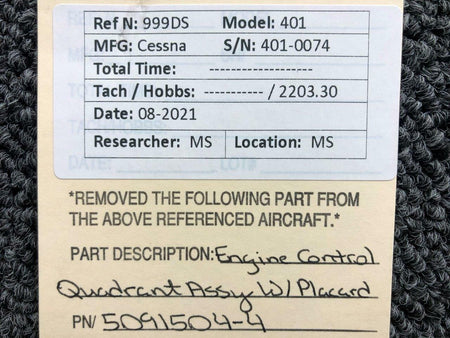 Cessna 5091504-4 Cessna 401 Engine Control Quadrant Assy W/ Placard