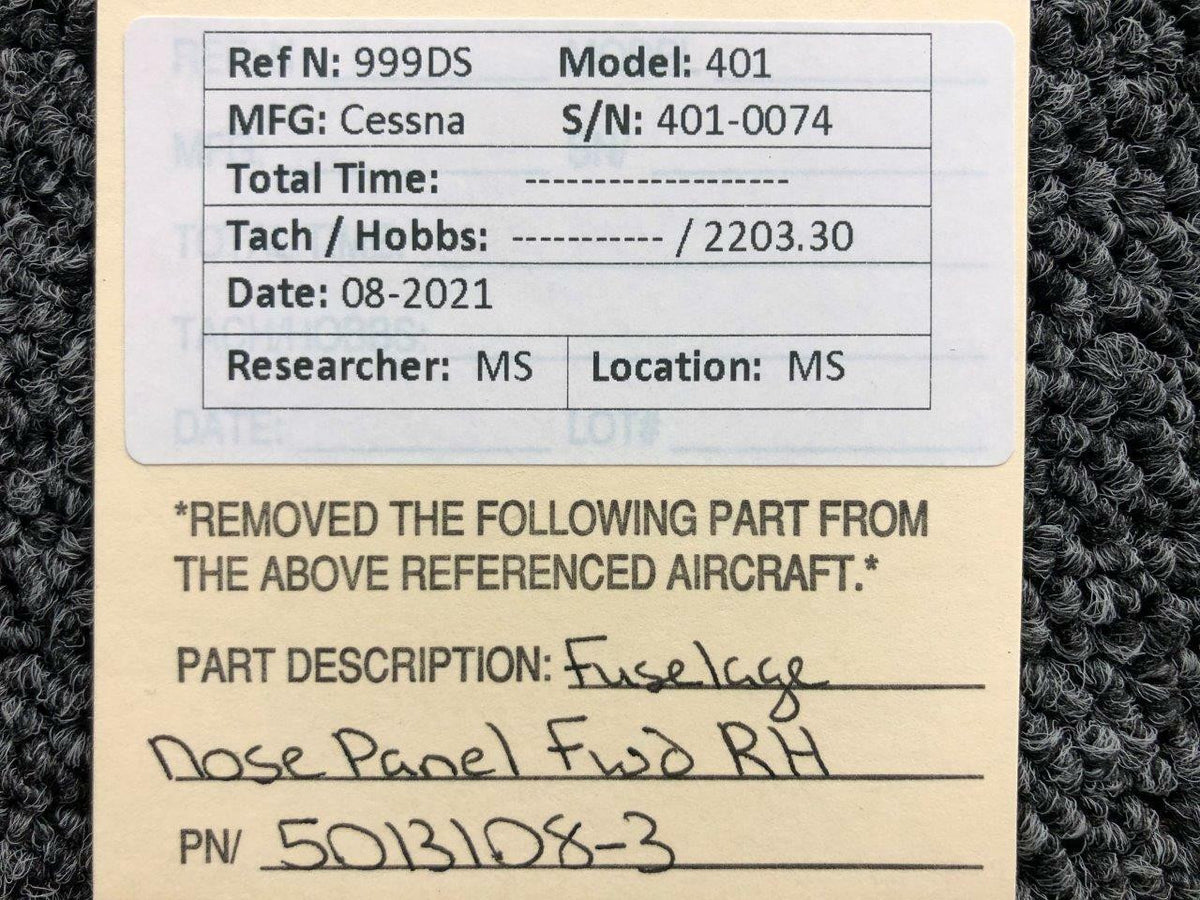 5013108-3 Cessna 401 Fuselage Nose Panel Forward RH BAS Part Sales | Airplane Parts