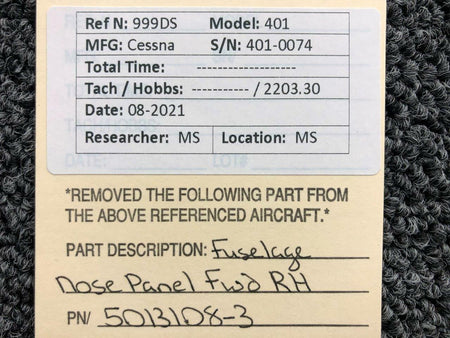 5013108-3 Cessna 401 Fuselage Nose Panel Forward RH BAS Part Sales | Airplane Parts