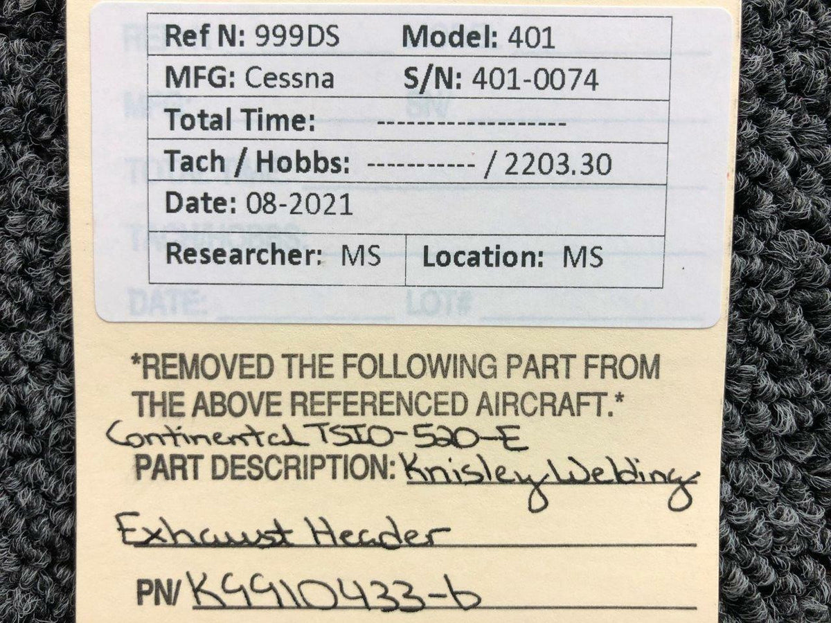 Knisley Welding K9910433-6 Cessna 401 Continental TSIO-520-E Knisley Welding Exhaust Header