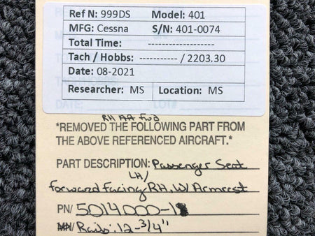 Cessna 5014000-1 Cessna 401 Passenger Seat Forward Facing LH / RH W/ Armrest