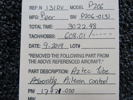 Piper 17471-000 Piper P206 Aztec Tube Assembly Aileron Control