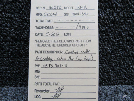 Cessna 0813501-18 Cessna 310R Cabin Air Control Cable Assembly No Knob