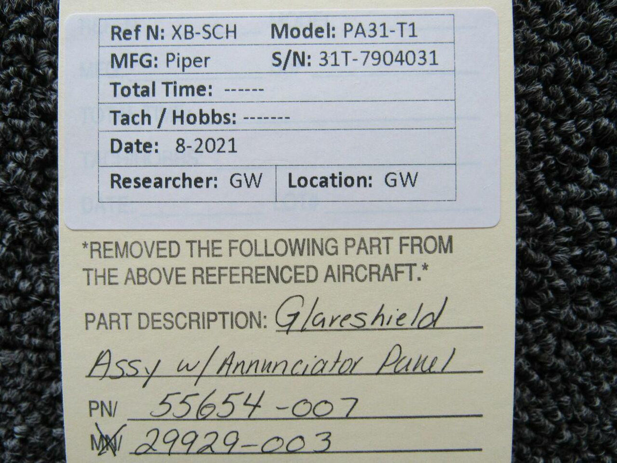Piper 55654-007 / 29929-003 Piper PA31-T1 Glareshield Assembly W/ Anunnciator Panel
