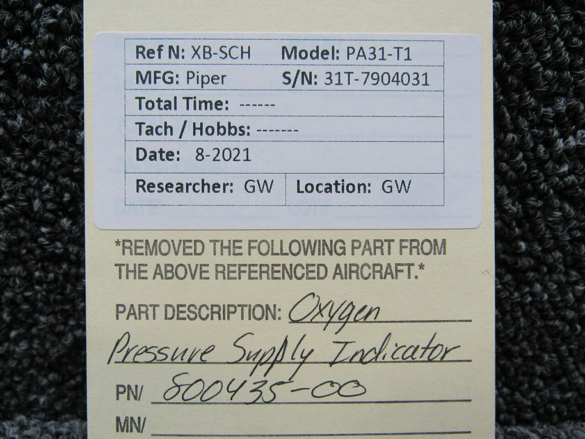 Piper 800435-00 Piper PA31-T1 Oxygen Pressure Supply Indicator