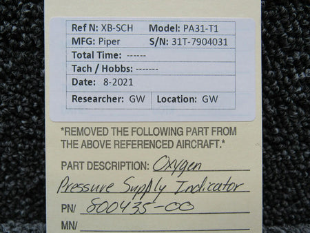 Piper 800435-00 Piper PA31-T1 Oxygen Pressure Supply Indicator