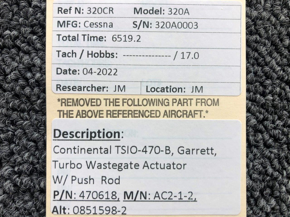 470618 (ALT: 0851598-2) Garrett Corp Turbo Wastegate Actuator W/ Push Rod BAS Part Sales | Airplane Parts