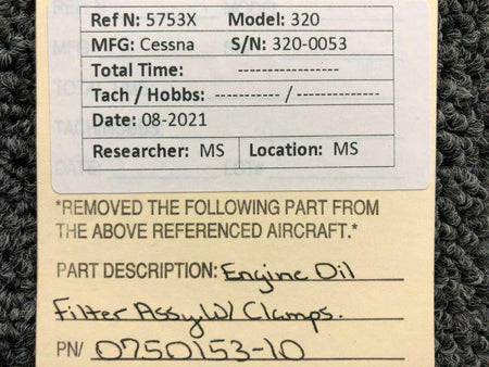 0750153-10 Cessna 320 Engine Oil Filter Assembly W/ Clamps BAS Part Sales | Airplane Parts