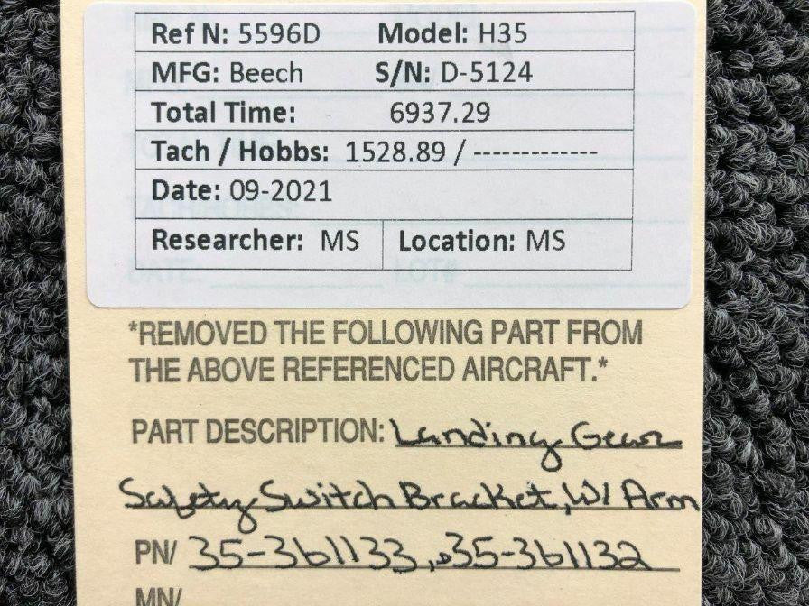 Beechcraft 35-361133 / 35-361132 Beechcraft H35 Landing Gear Safety Switch Bracket W/ Arm
