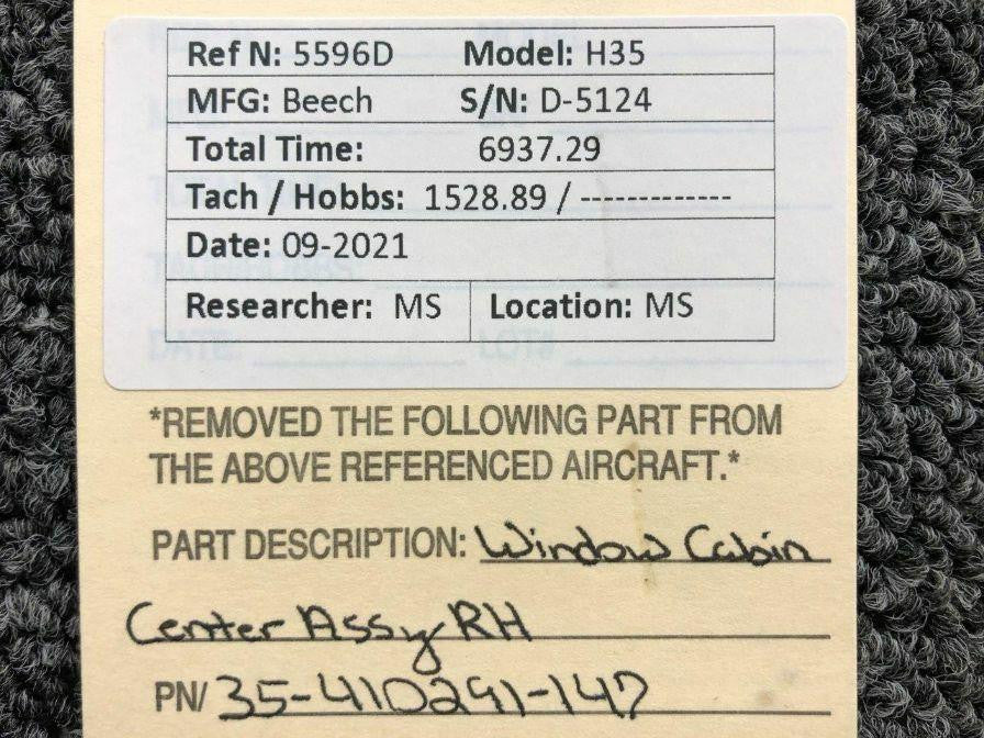 Beechcraft 35-410291-147 Beechcraft H35 Window Cabin Center Assembly RH CLEAR