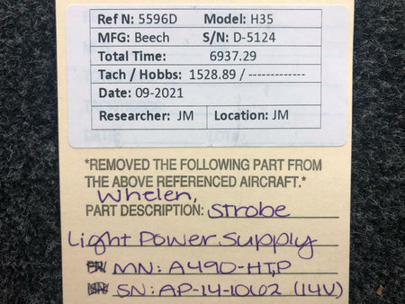 Whelen A490-HTP Beechcraft H35 Whelen Strobe Light Power Supply Assy 14V