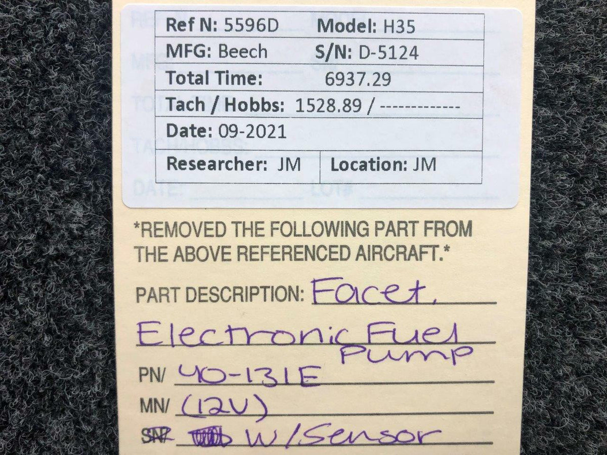 Facet 40-131E Beechcraft H35 Facet Electronic Fuel Pump Assy W/ Sensor 12V