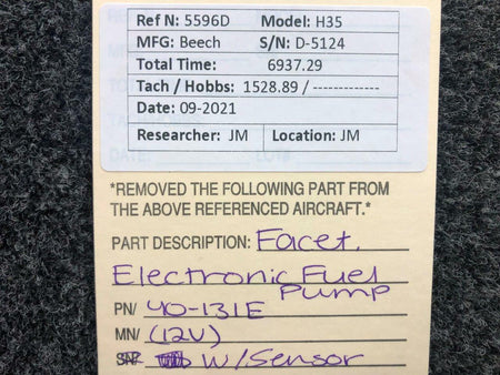 Facet 40-131E Beechcraft H35 Facet Electronic Fuel Pump Assy W/ Sensor 12V