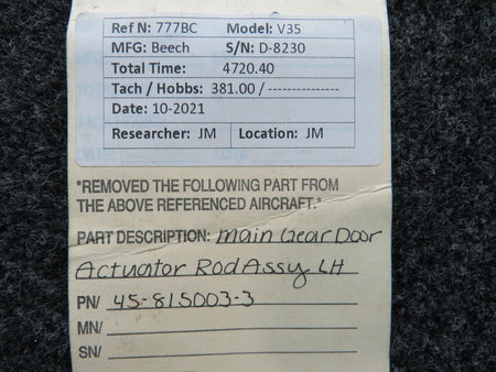 45-815003-3 Beechcraft V35 Landing Gear Door Actuator Assembly LH BAS Part Sales | Airplane Parts
