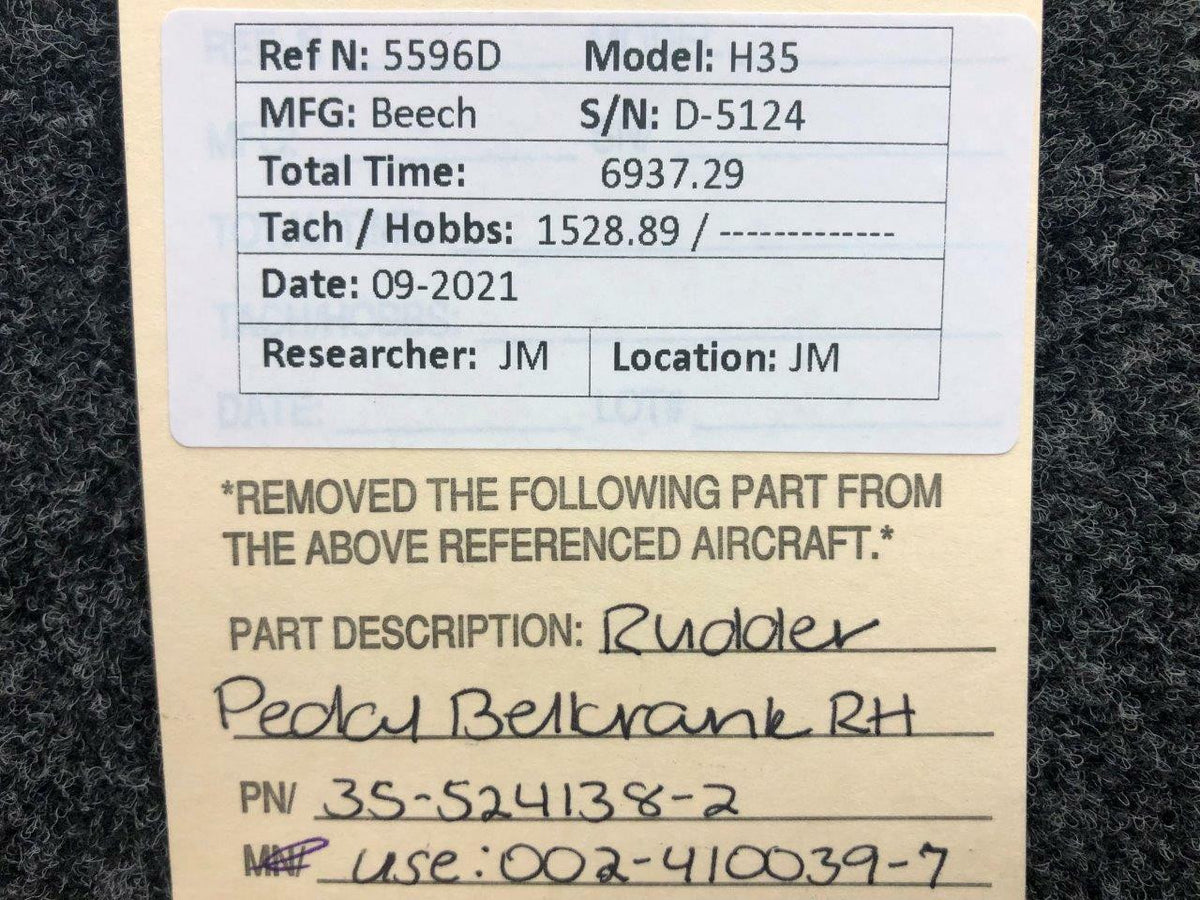 Beechcraft 35-524138-2 (Use: 002-410039-7) Beechcraft H35 Rudder Pedal Bellcrank Assy RH