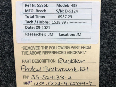 Beechcraft 35-524138-2 (Use: 002-410039-7) Beechcraft H35 Rudder Pedal Bellcrank Assy RH