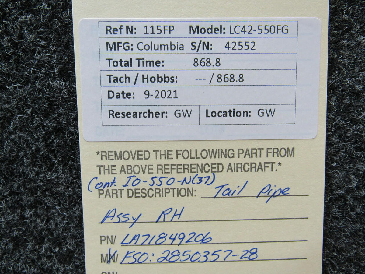 Continental LA71849206 Columbia 350 Continental IO-550-N37 Tail Pipe Assembly RH