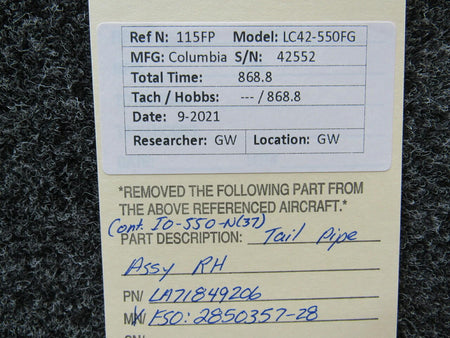 Continental LA71849206 Columbia 350 Continental IO-550-N37 Tail Pipe Assembly RH