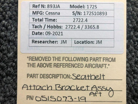 0515073-19 Cessna 172S Seatbelt Attach Bracket Assembly AFT BAS Part Sales | Airplane Parts