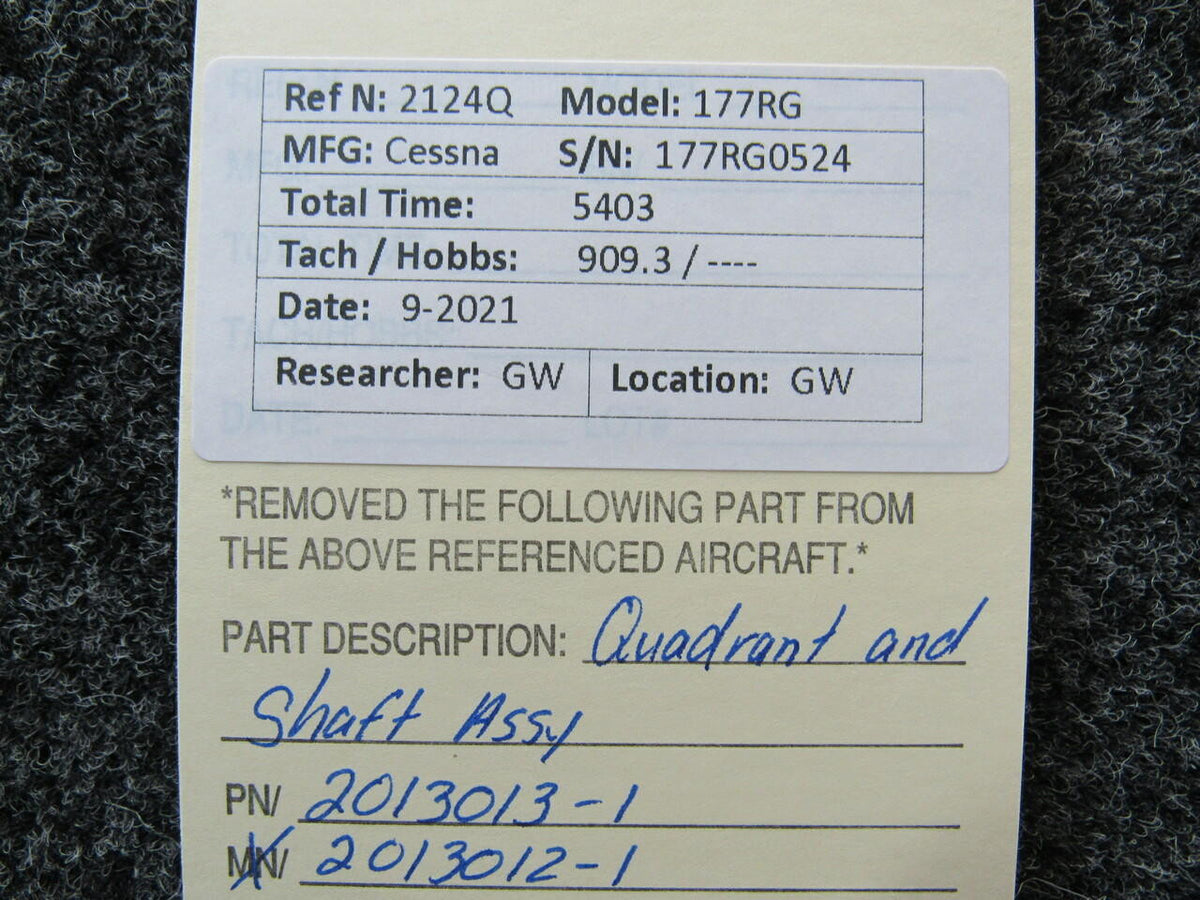 Cessna 2013013-1 / 2013012-1 Cessna 177RG Quadrant and Shaft Assembly