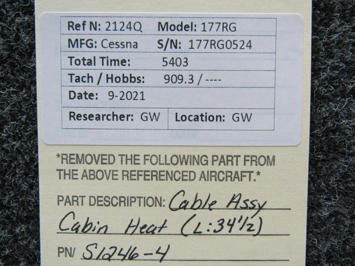Cessna S1246-4 Cessna 177RG Cable Assembly Cabin Heat Length 34-1/2