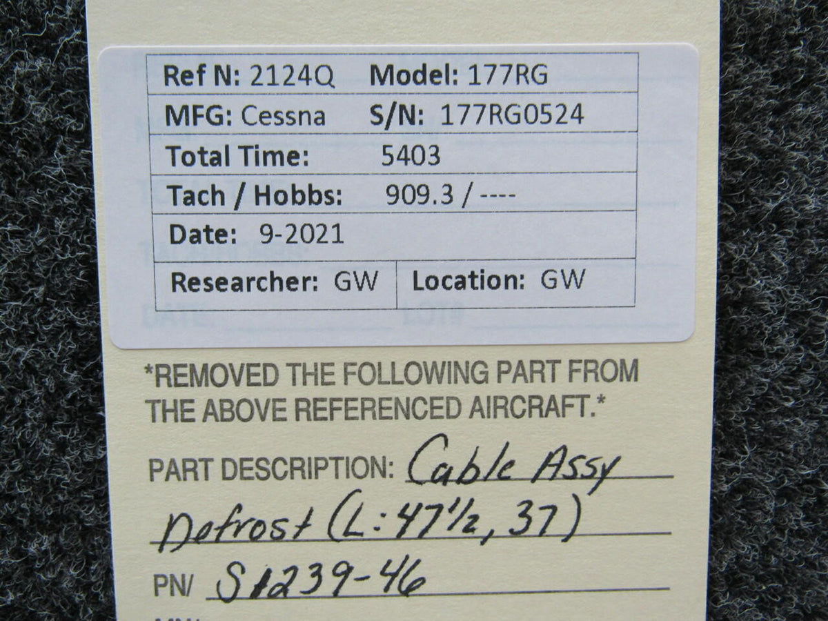 Cessna S1239-46 Cessna 177RG Cable Assembly Defrost Length 47-1/2, 37