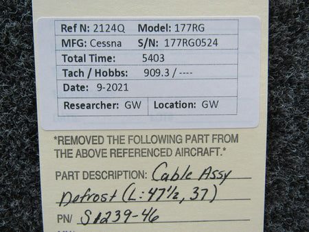 Cessna S1239-46 Cessna 177RG Cable Assembly Defrost Length 47-1/2, 37
