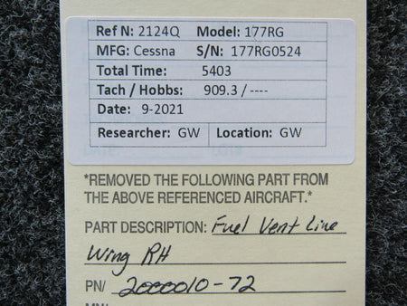 Cessna 2000010-72 Cessna 177RG Fuel Vent Line Wing RH