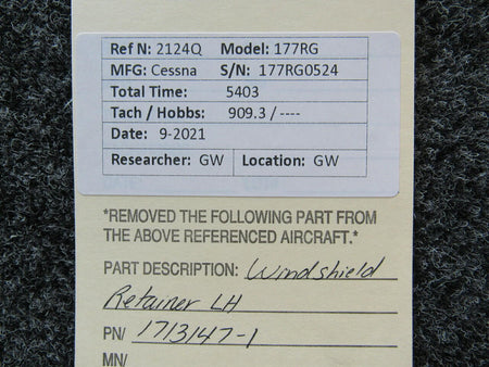 1713147-1 Cessna 177RG Windshield Retainer LH BAS Part Sales | Airplane Parts