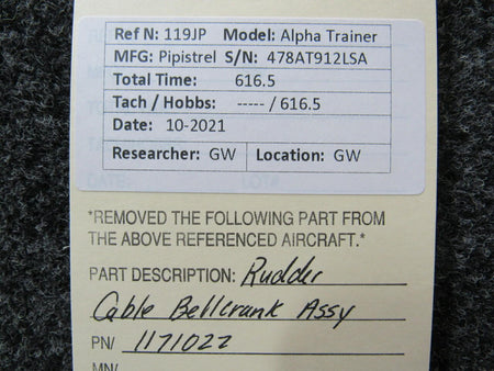 Pipistrel 1171022 Pipistrel LSA Alpha Trainer Rudder Cable Bellcrank Assembly