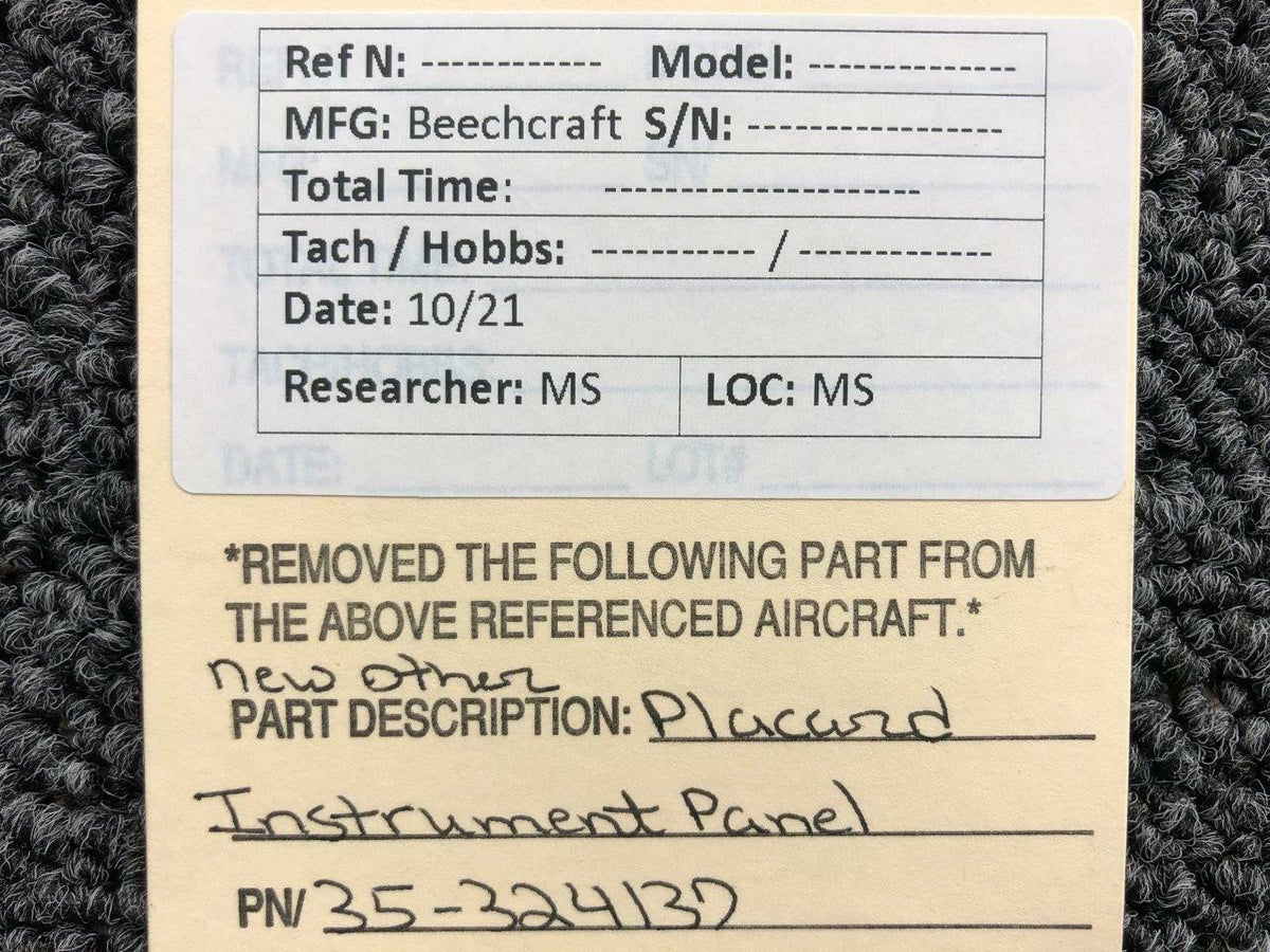 35-324137 Beechcraft Placard Instrument Panel (NEW OLD STOCK) (SA) BAS Part Sales | Airplane Parts