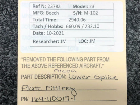 Beechcraft 169-110017-1 Beechcraft 23 Lower Splice Plate Fitting Assembly Old Style