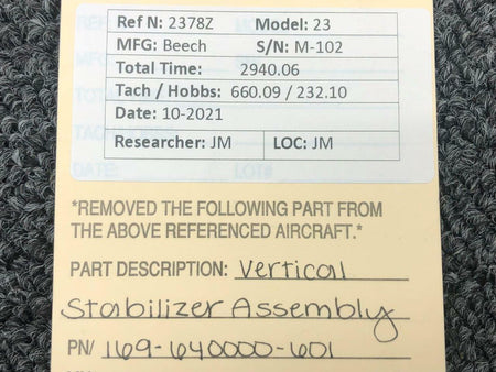 169-640000-601 Beechcraft 23 Vertical Stabilizer Assembly