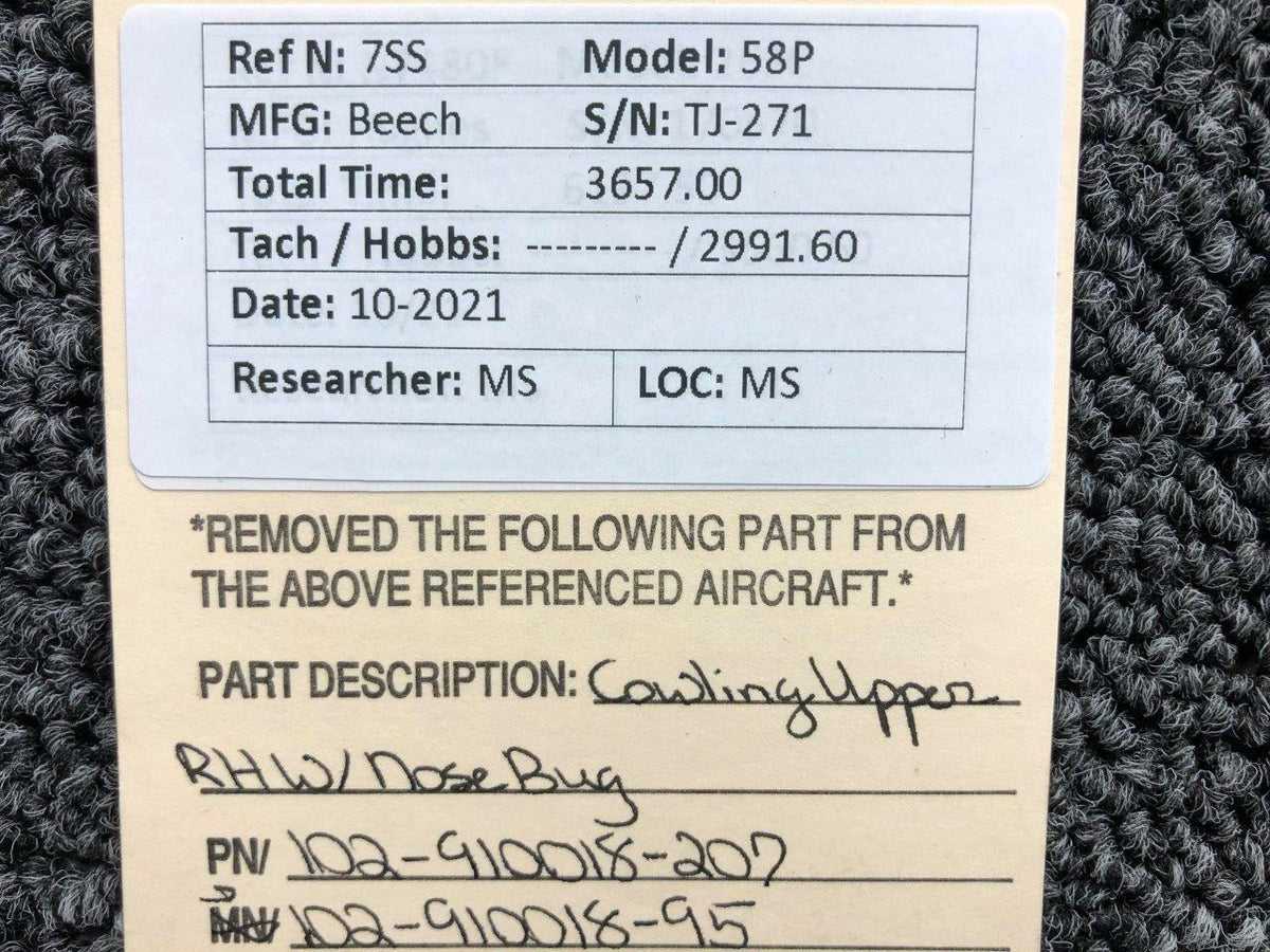 Beechcraft 102-910018-207 / 102-910018-95 Beechcraft 58P Cowling Upper RH W/ Nose Bug