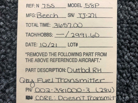 Beechcraft 002-381000-3 Beechcraft 58P Fuel Quantity Transmitter Outboard Assembly RH 28V CORE