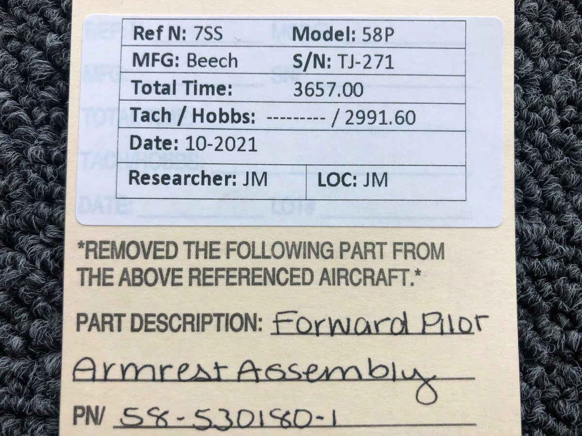 58-530180-1 Beechcraft 58P Pilot Armrest Forward Assembly BAS Part Sales | Airplane Parts