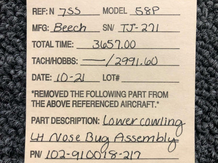 Beechcraft 102-910018-217 Beechcraft 58P Lower Cowling Nose Bug Assembly LH W/ Light Retainer