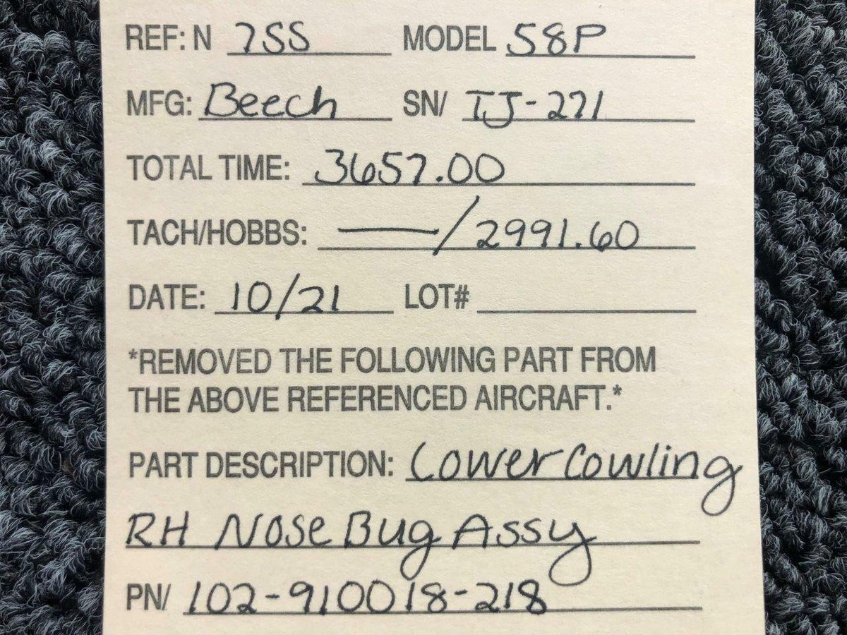 Beechcraft 102-910018-218 Beechcraft 58P Lower Cowling Nose Bug Assembly RH W/ Light Retainer