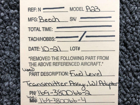 Beechcraft 169-380066-2 USE 169-380066-4 Beech Fuel Level Transmitter W/ Adapter SA