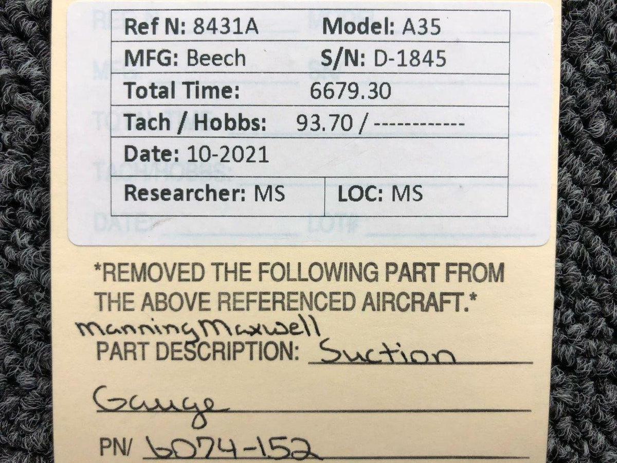 Manning Maxwell 6074-152 Beechcraft A35 Manning and Maxwell Suction Gauge