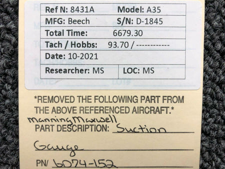 Manning Maxwell 6074-152 Beechcraft A35 Manning and Maxwell Suction Gauge