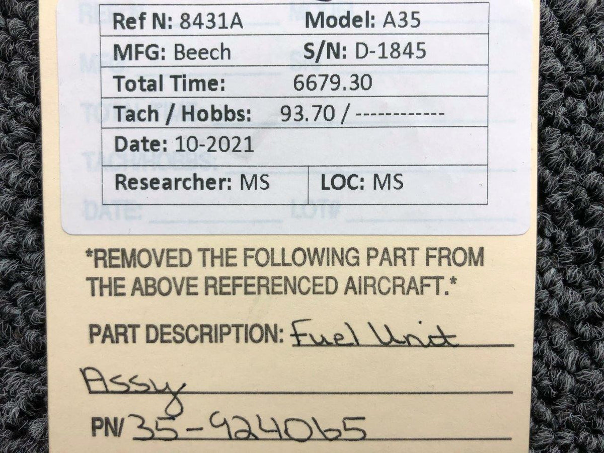 Beechcraft 35-924065 Beechcraft A35 Fuel Unit Assembly