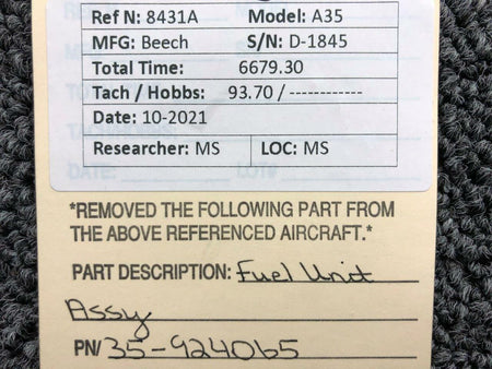 Beechcraft 35-924065 Beechcraft A35 Fuel Unit Assembly