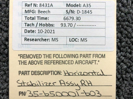 Beechcraft 35-650001-603 Beechcraft A35 Horizontal Stabilizer Assembly RH