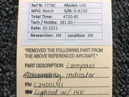 Beechcraft C2400L41 Beechcraft V35 Compass Indicator W/ Lighted Display Volts 14