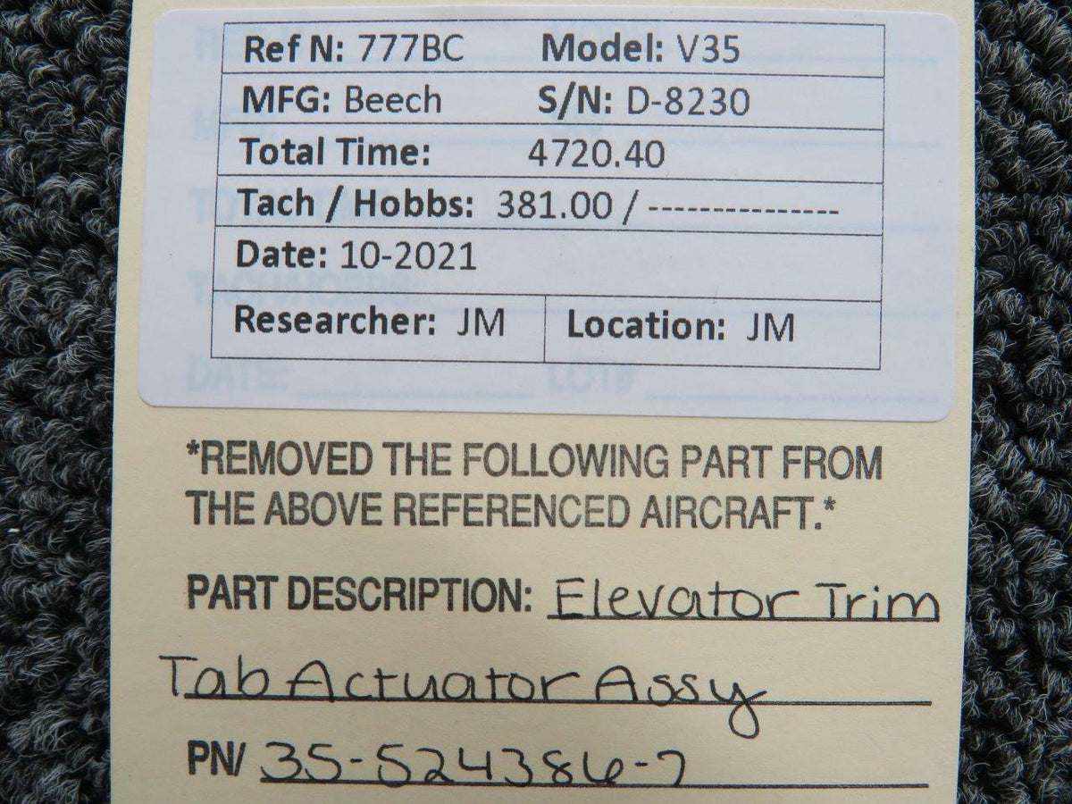 Beechcraft 35-524386-7 Beechcraft V35 Elevator Trim Tab Actuator Assembly