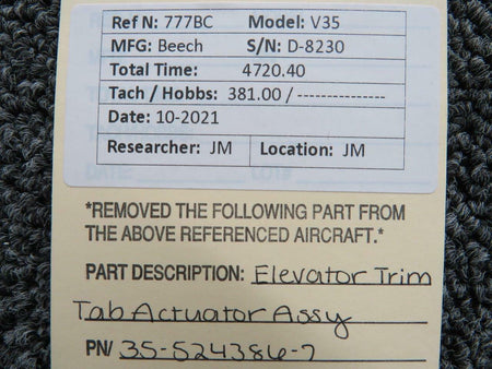 Beechcraft 35-524386-7 Beechcraft V35 Elevator Trim Tab Actuator Assembly
