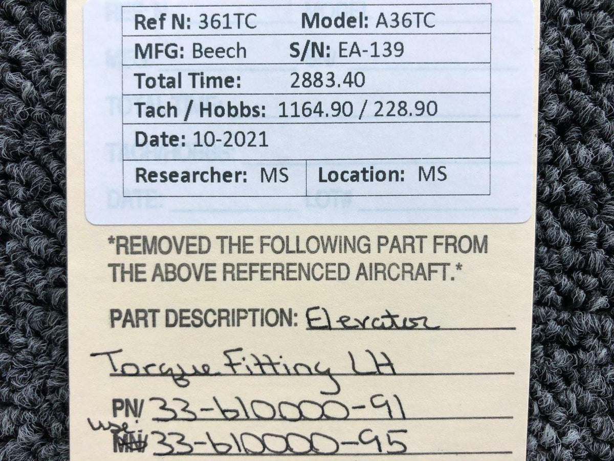 Beechcraft 33-610000-91 USE 33-610000-95 Beechcraft A36TC Elevator Torque Fitting LH